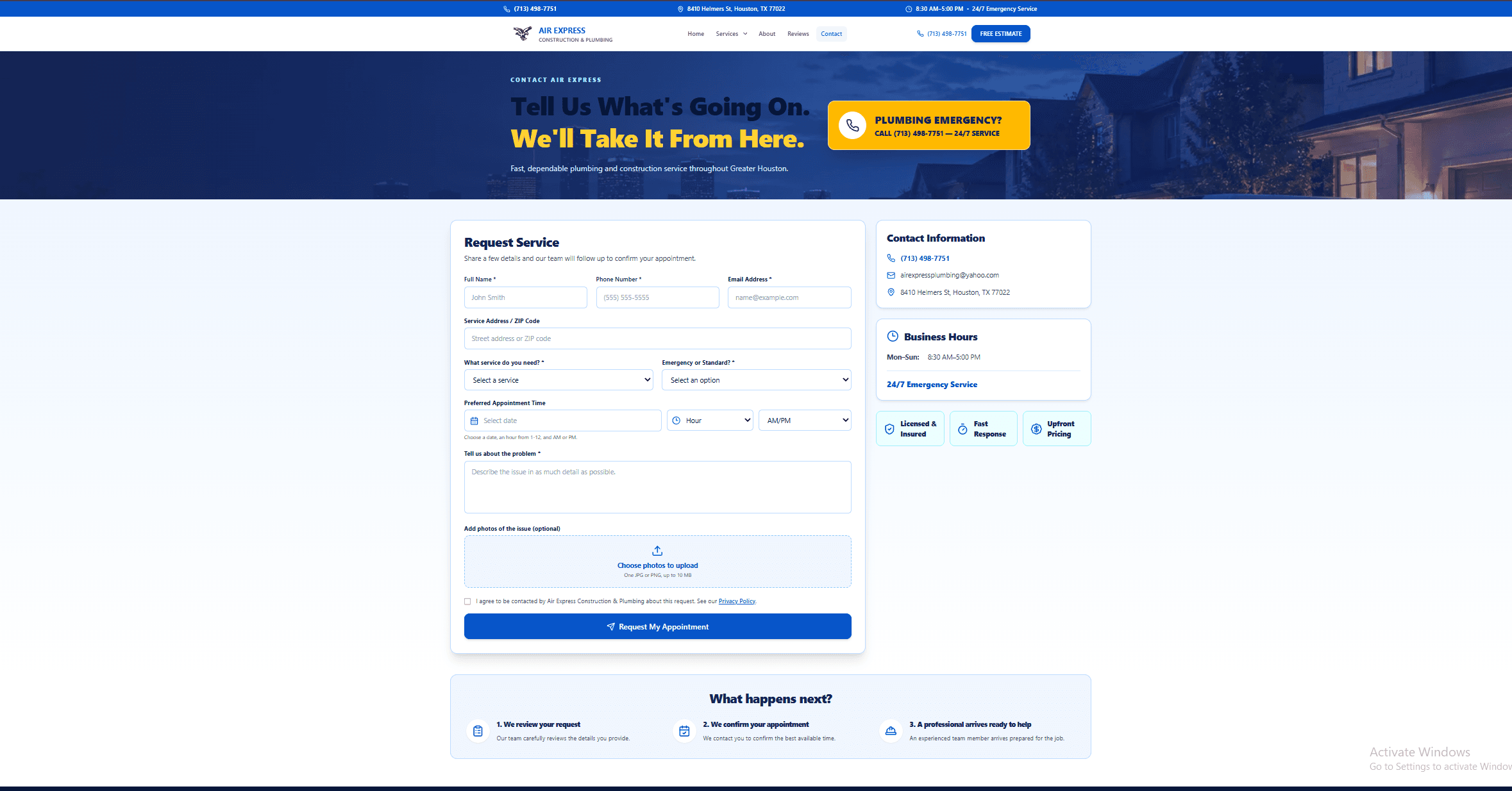Air Express Construction and Plumbing service request page