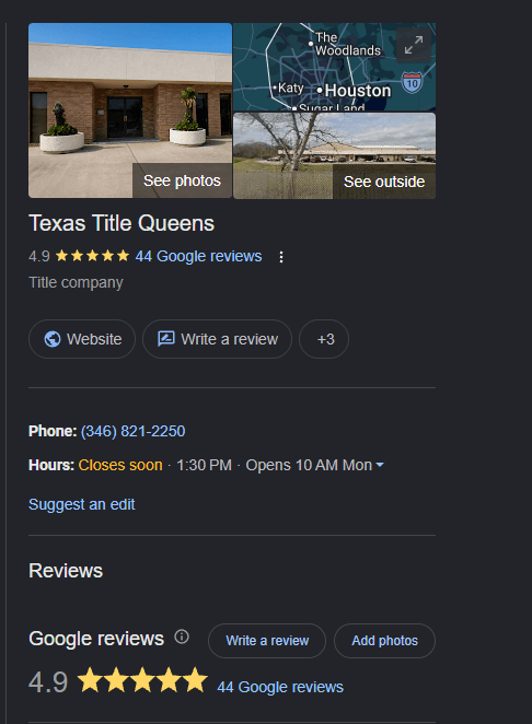 Texas Title Queens Google Business Profile showing 4.9 stars and 44 Google reviews