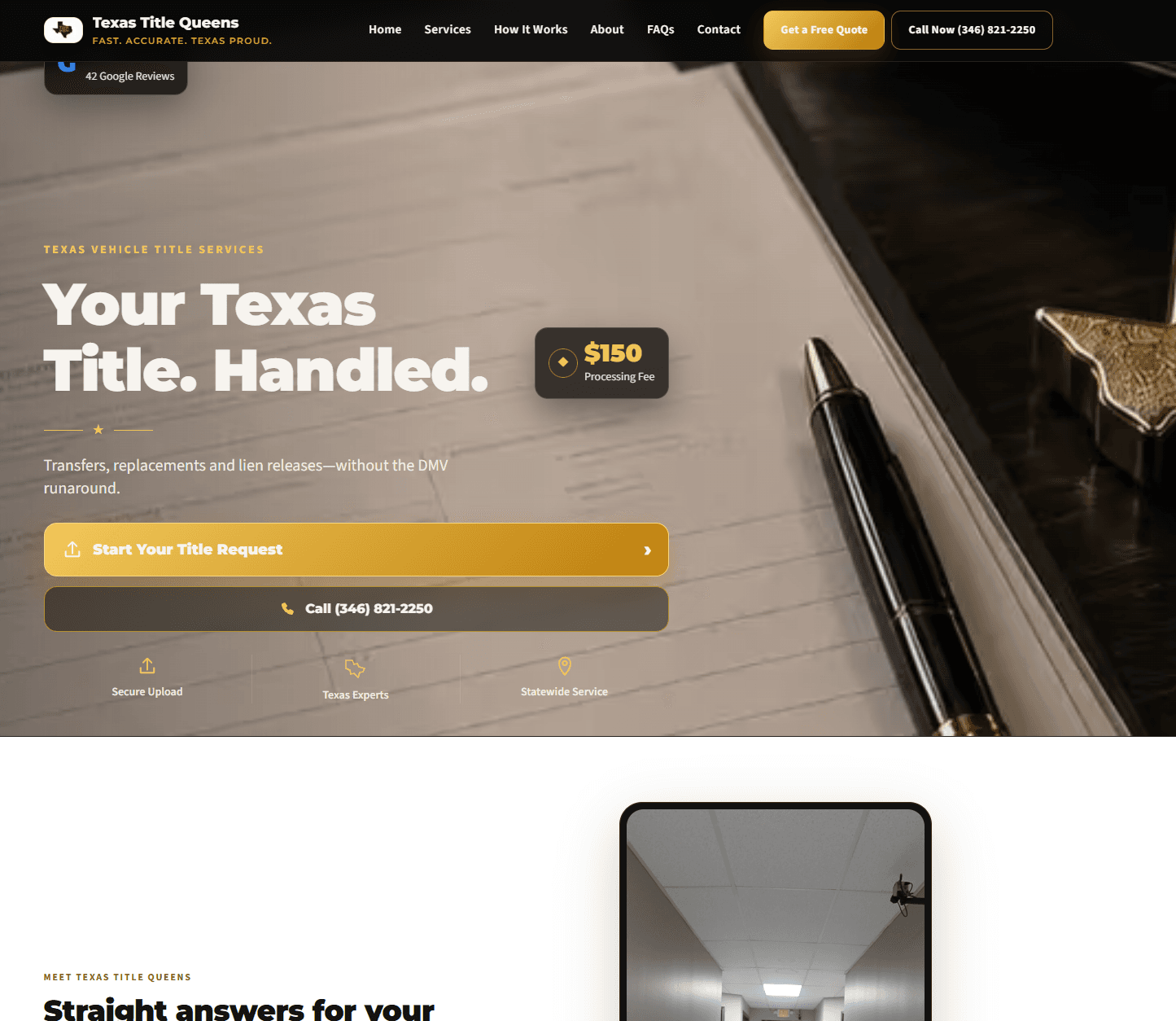 Texas Title Queens website with a clear customer request path