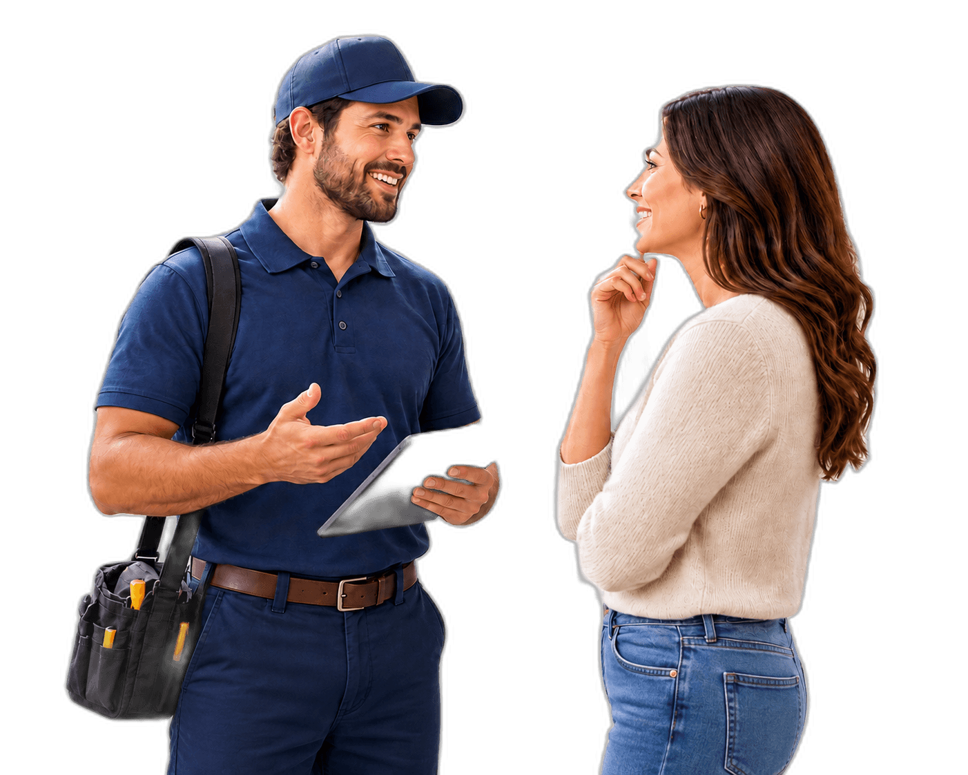 A service technician talks with a homeowner while Connie captures the next call.