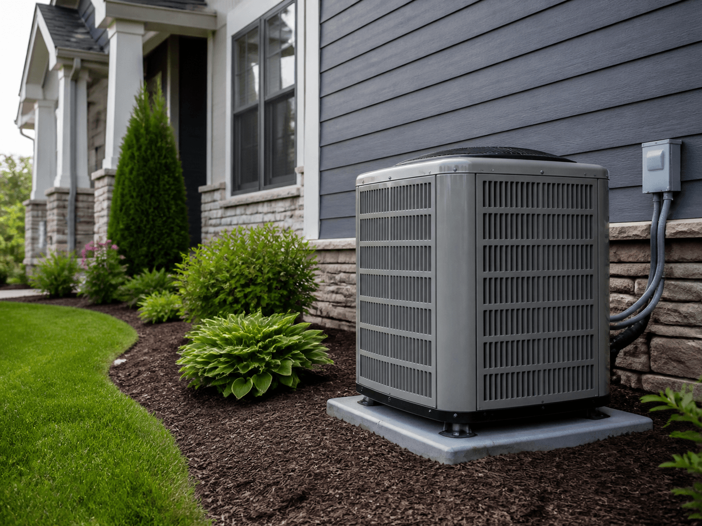 A residential HVAC condenser beside a finished home