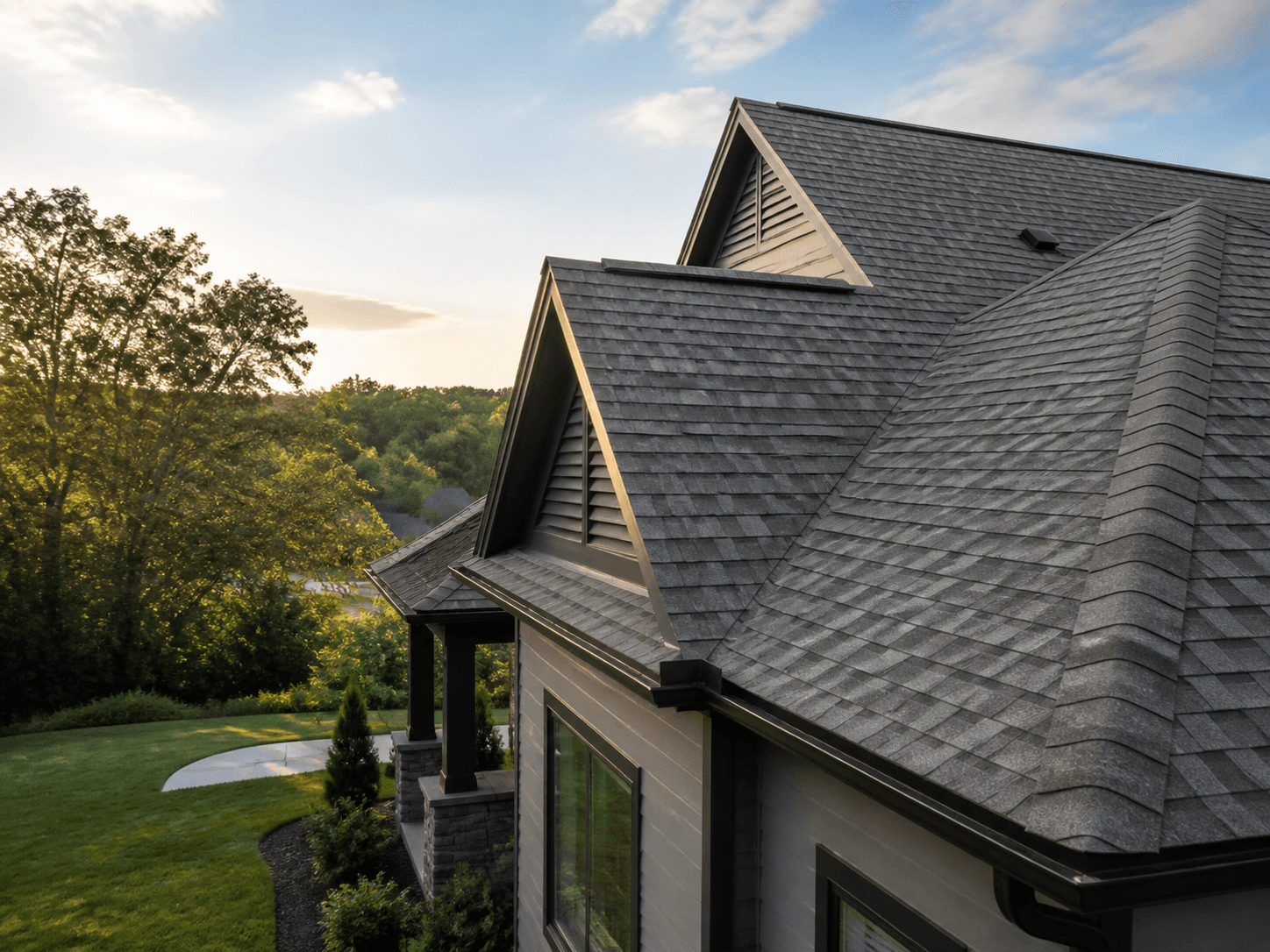 A finished shingle roof on a residential home